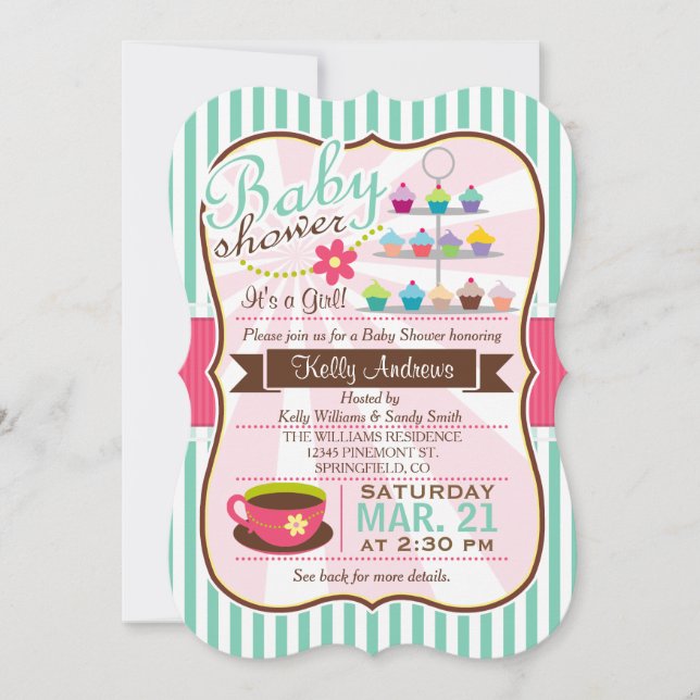 Mint Green, Brown & Pink Tea, Cupcake Baby Shower Invitation (Front)