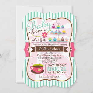 Mint Green, Brown & Pink Tea, Cupcake Baby Shower Invitation
