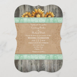 Mint Green Brown Rustic Sunflower Wedding Invite