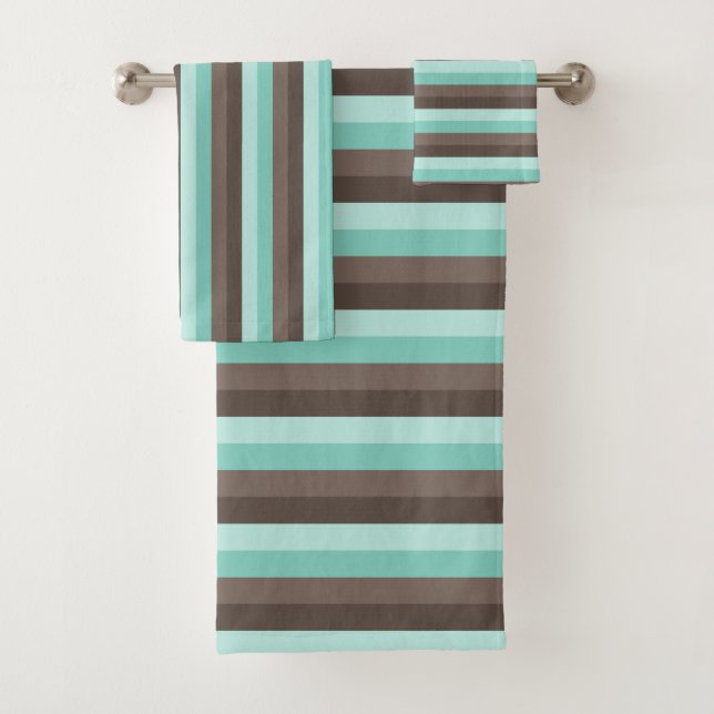 MINT GREEN & BROWN STRIPE PATTERNS BATH TOWEL SET (Insitu)