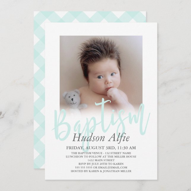 Mint Green Brush Script Photo Baptism Invitation (Front/Back)