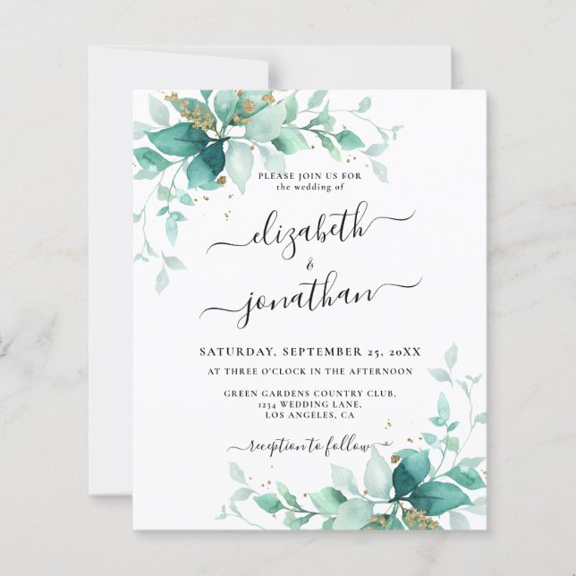 Mint Green Budget Gold Greenery Wedding Invitation (Front)
