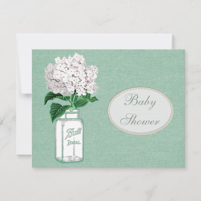 Mint Green Burlap, Jar & Hydrangea Baby Shower Invitation (Front)