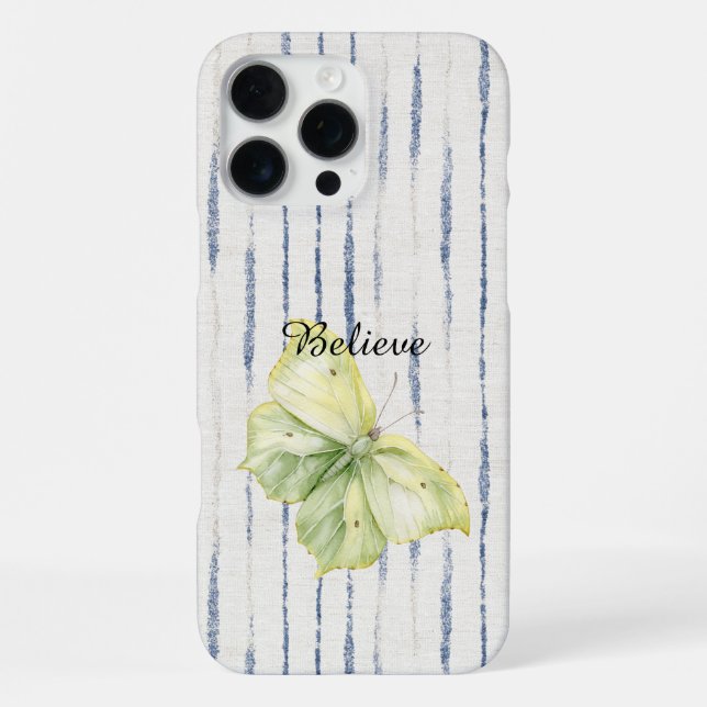 Mint Green Butterfly Believe Blue White Stripes iPhone Case (Back)