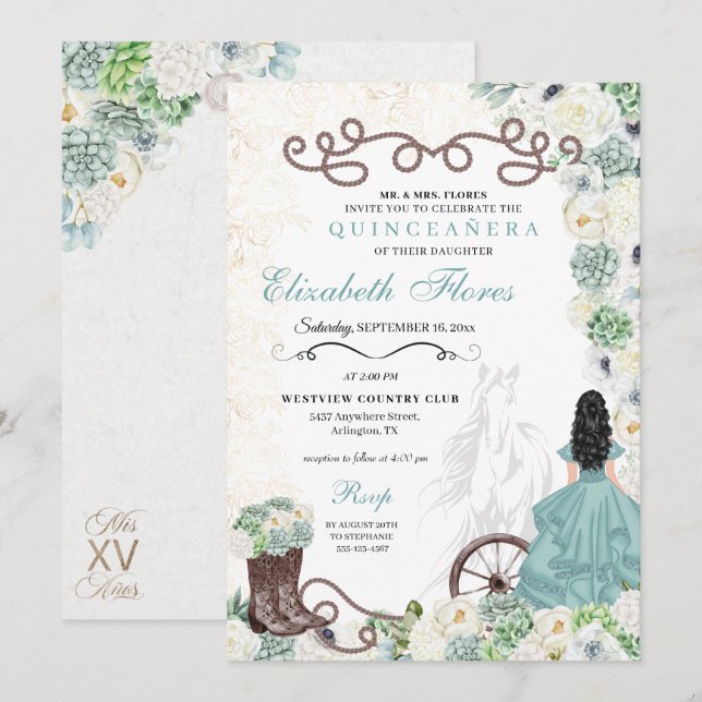 Mint Green Cacti Western Charro Horse Quinceañera Invitation (Front/Back)