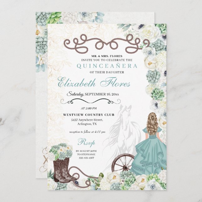 Mint Green Cacti Western Charro Horse Quinceañera Invitation (Front/Back)