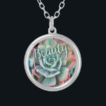 Mint Green Cactus Succulent Photo Beauty Script Silver Plated Necklace<br><div class="desc">I’ve always been mesmerised by the durability and beauty of cacti, which thrive in the harshest of conditions. Embrace the splendour of the desert whenever you wear this stunning close-up photo charm necklace of a pink-tipped, mint green, blossoming cactus. This necklace comes in small, medium and large sizes, as well...</div>