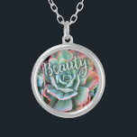 Mint Green Cactus Succulent Photo Beauty Script Silver Plated Necklace<br><div class="desc">I’ve always been mesmerised by the durability and beauty of cacti, which thrive in the harshest of conditions. Embrace the splendour of the desert whenever you wear this stunning close-up photo charm necklace of a pink-tipped, mint green, blossoming cactus. This necklace comes in small, medium and large sizes, as well...</div>
