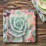 Mint Green Cactus Succulent Photo Beauty Script Stone Coaster<br><div class="desc">Cacti thrive in the harshest of desert conditions. Dream of sunny days and the peaceful atmosphere of a summer’s garden whenever you relax with your favourite beverage using this stunning photography stone coaster of pink-tipped, mint green cacti. Makes a great housewarming gift! You can easily personalise this stone coaster plus...</div>