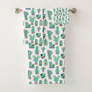 Mint Green Cactus & Succulent Plant Pattern Bath Towel Set