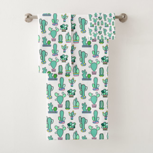 Mint Green Cactus & Succulent Plant Pattern Bath Towel Set (Insitu)