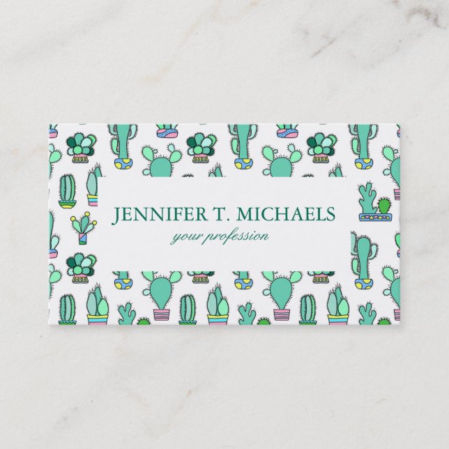 Mint Green Cactus & Succulent Plant Pattern Business Card (Front)