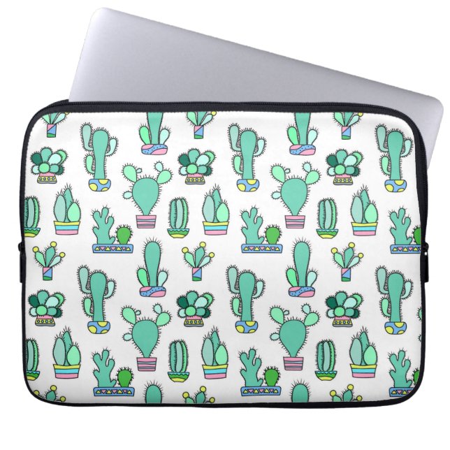Mint Green Cactus & Succulent Plant Pattern Laptop Sleeve (Front)