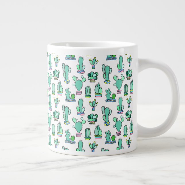 Mint Green Cactus & Succulent Plant Pattern Large Coffee Mug (Right)