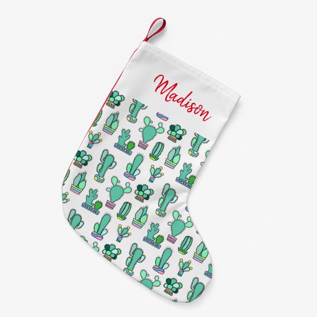 Mint Green Cactus & Succulent Plant Pattern Small Christmas Stocking (Front (Hanging))