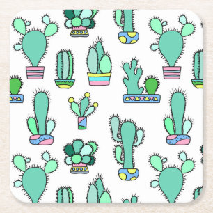 Mint Green Cactus & Succulent Plant Pattern Square Paper Coaster