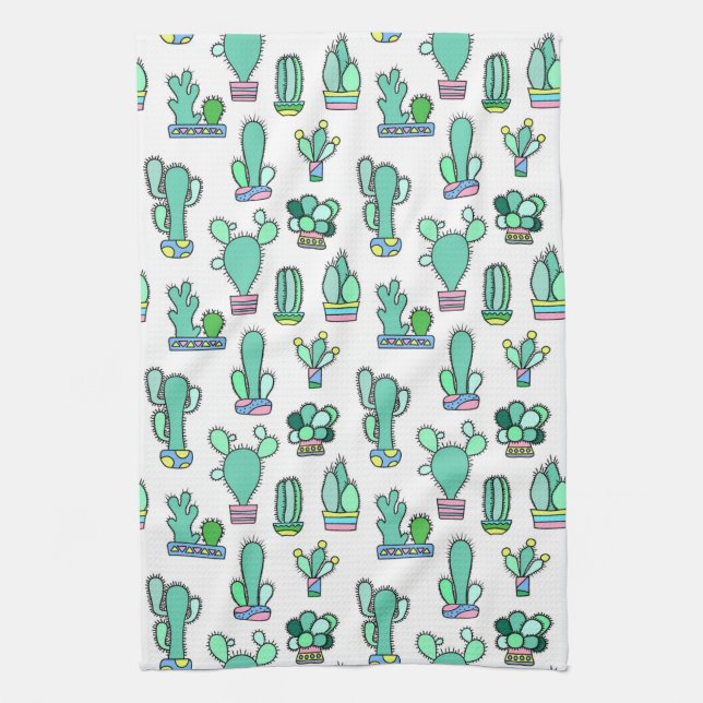 Mint Green Cactus & Succulent Plant Pattern Tea Towel (Vertical)