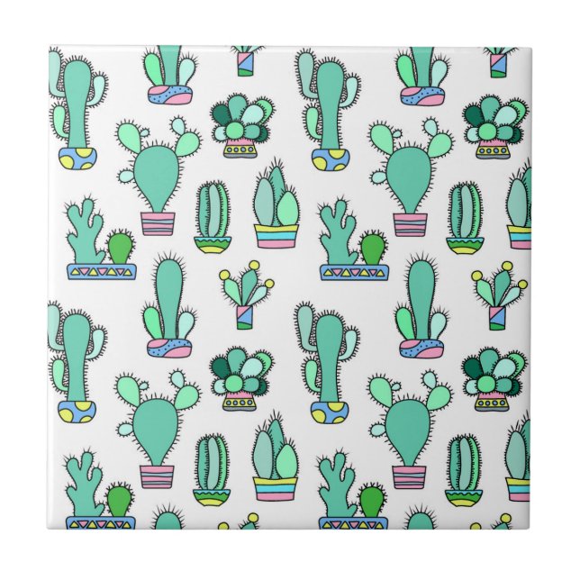 Mint Green Cactus & Succulent Plant Pattern Tile (Front)
