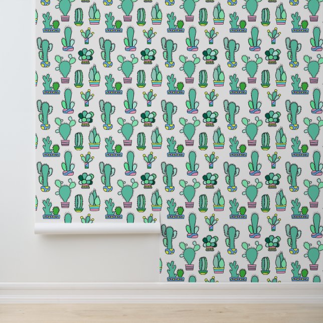 Mint Green Cactus & Succulent Plant Pattern Wallpaper (Application)