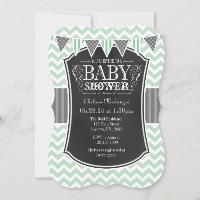 Mint Green Chalkboard Chevron Baby Shower Invite (Front)