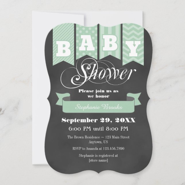 Mint Green Chalkboard Flag Baby Shower Invite (Front)