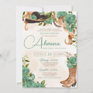 Mint Green Charra Quinceanera Western Sage Rose Invitation