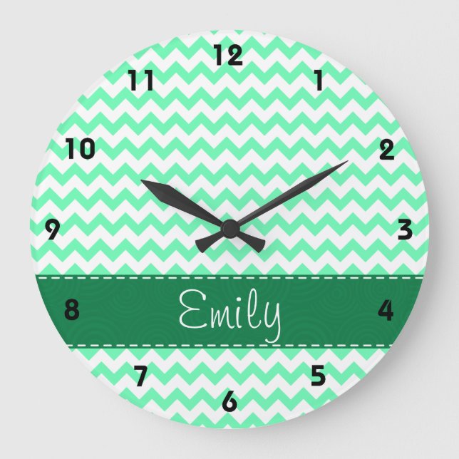 Mint Green Chevron Large Clock (Front)