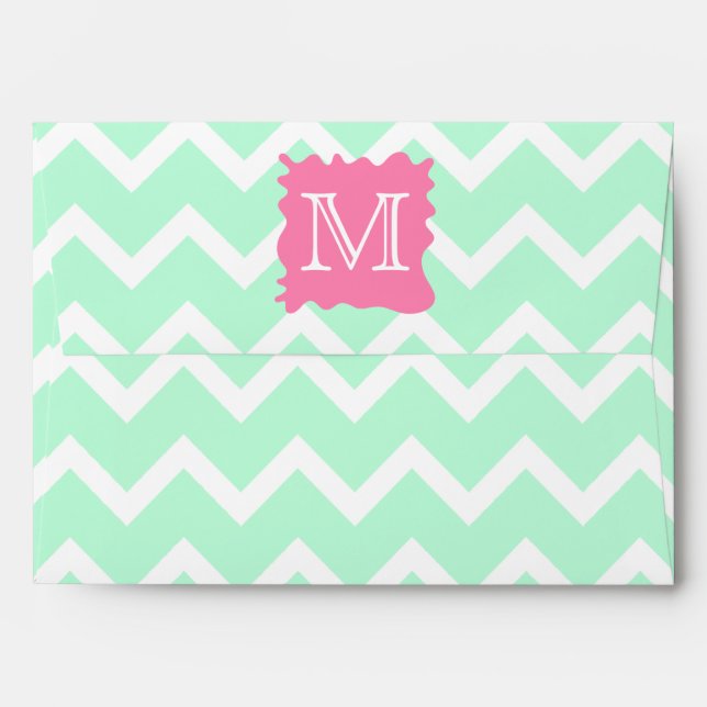 Mint Green Chevron Monogram Design with Pink Splat Envelope (Back (Top Flap))