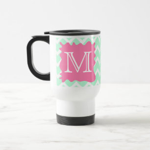 Mint Green Chevron Monogram Design with Pink Splat Travel Mug