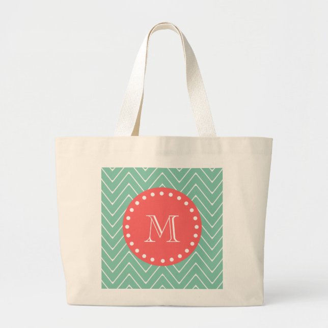 Mint Green Chevron Pattern | Coral Monogram Large Tote Bag (Front)