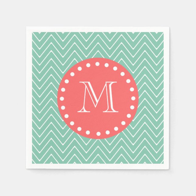 Mint Green Chevron Pattern | Coral Monogram Napkin (Front)