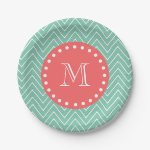 Mint Green Chevron Pattern Coral Monogram Paper Plate