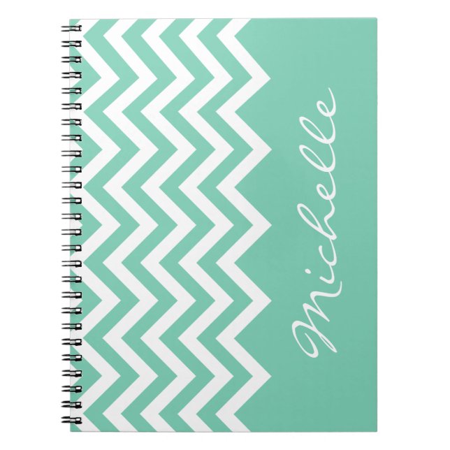 Mint green chevron pattern notebook with name (Front)