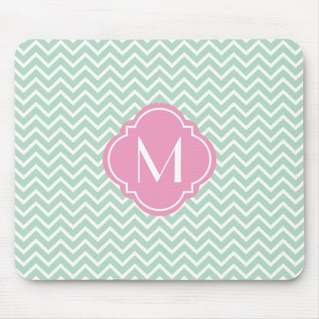 Mint Green Chevron Zigzag Stripes with Monogram Mouse Mat (Front)