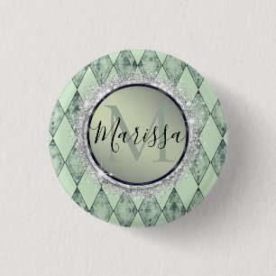 Mint Green Chic Harlequin Monogram   3 Cm Round Badge
