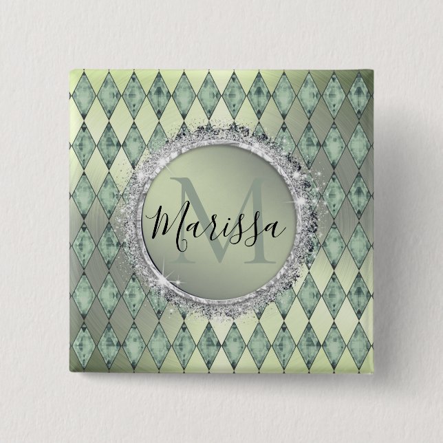 Mint Green Chic Harlequin Monogram   Button (Front)