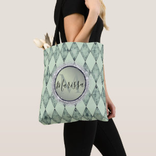 Mint Green Chic Harlequin Monogram Glitter Tote Bag
