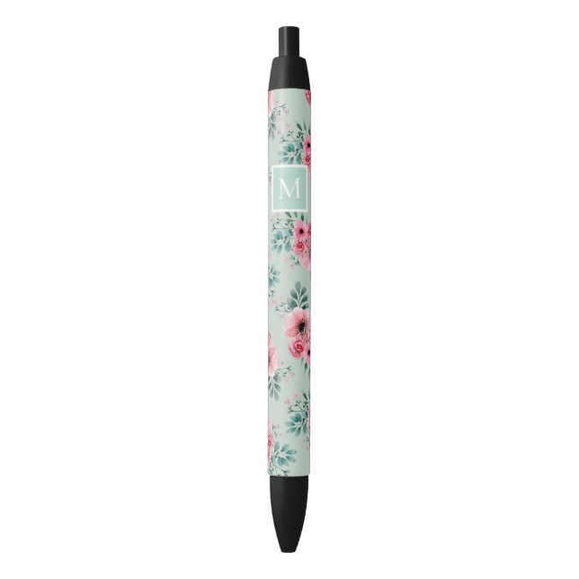 Mint Green | Chic Watercolour Floral Monogram Black Ink Pen (Front Vertical)