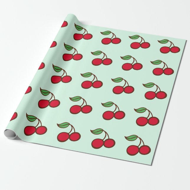 Mint Green Christmas Cherries Wrapping Paper (Unrolled)