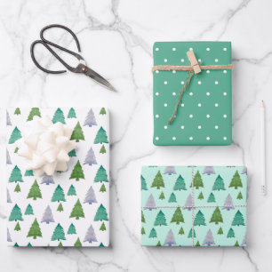 Mint Green Christmas Tree Watercolor Pastel Wrapping Paper Sheet