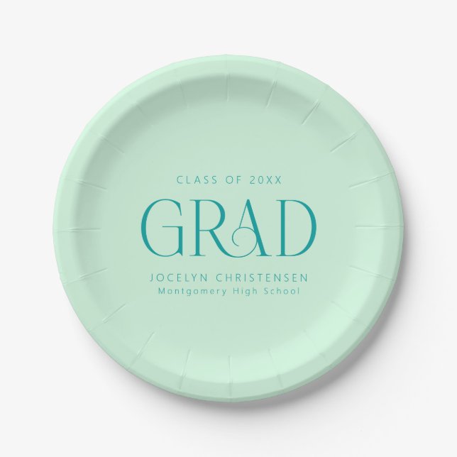 Mint Green Colourful Bold Personalised Grad Party Paper Plate (Front)