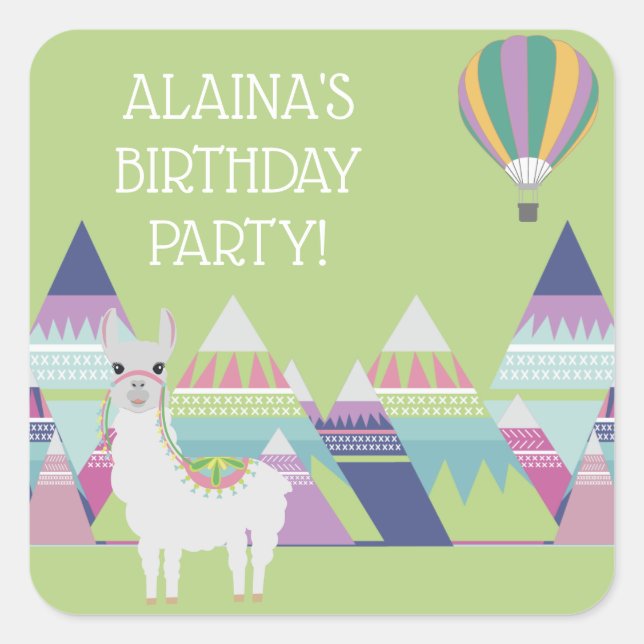 Mint Green Colourful Child's Alpaca Birthday Party Square Sticker (Front)