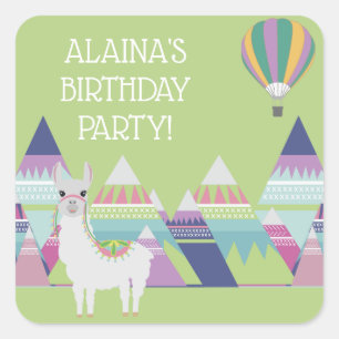 Mint Green Colourful Child's Alpaca Birthday Party Square Sticker