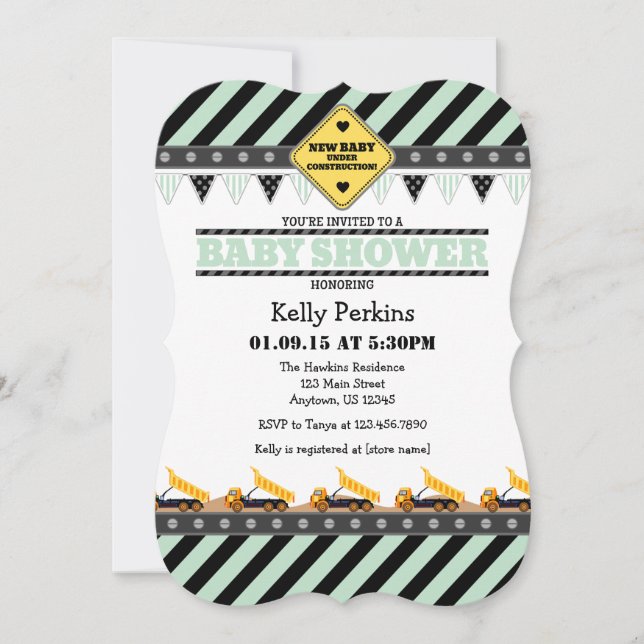 Mint Green Construction Baby Shower Invitation (Front)