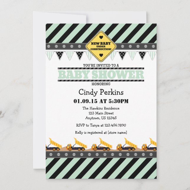 Mint Green Construction Baby Shower Invitation (Front)