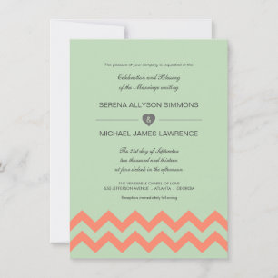 Mint Green & Coral Chevron Wedding Invitation