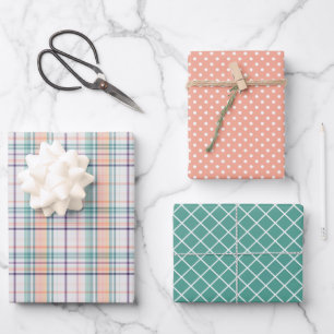 Mint Green Coral Orange Violet Stripes Polkadots Wrapping Paper Sheet