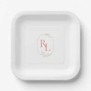 Mint Green & Coral Pink Couple Monogram Wedding  Paper Plate