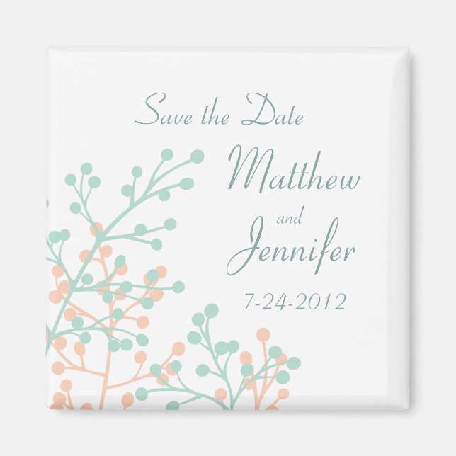 Mint Green & Coral Save the Date Magnet - Square (Front)