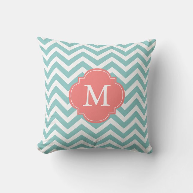 Mint Green Coral Zigzag Pattern Monogram Cushion (Front)